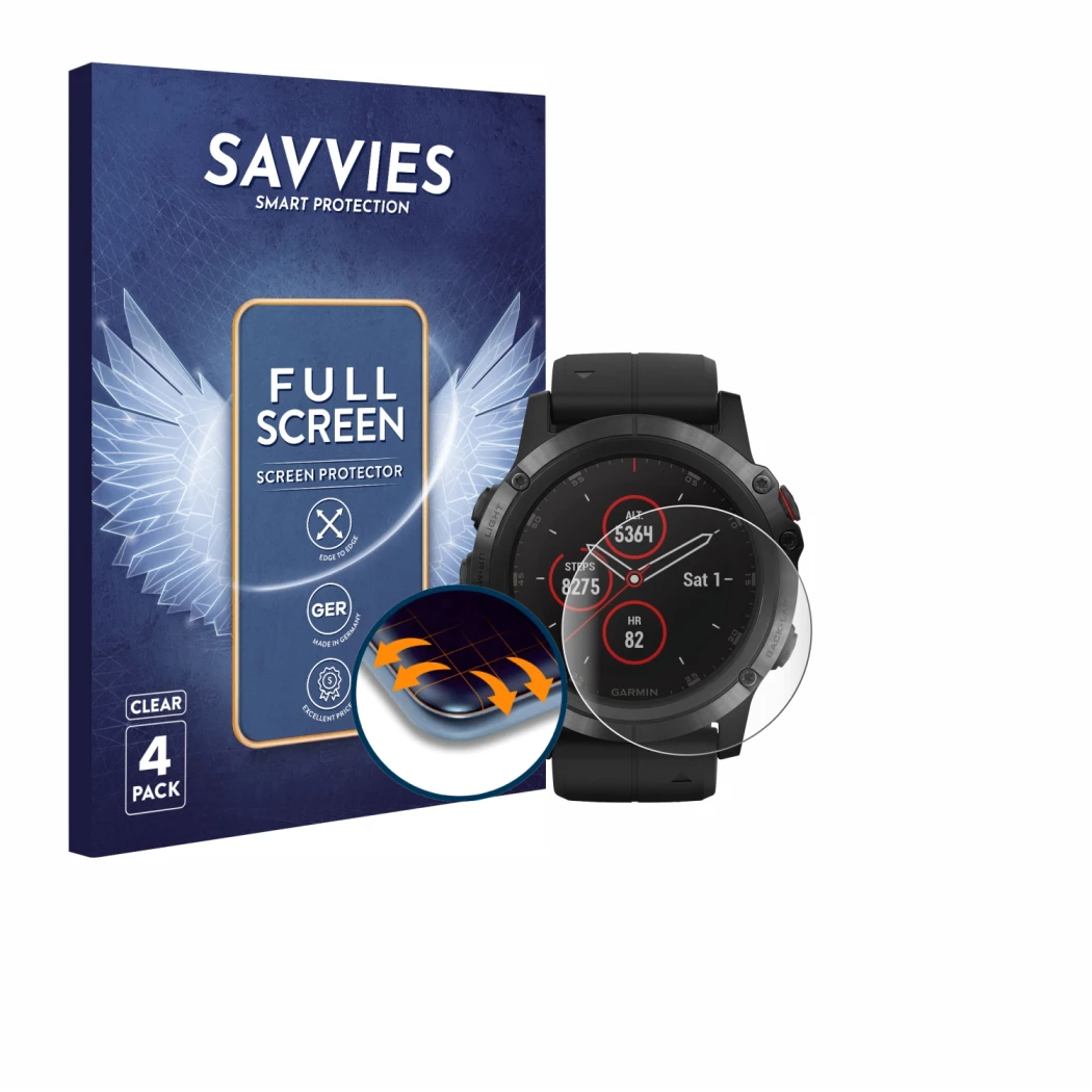 Front side of a product packaging with the brand logo Savvies. Next to it is the device Garmin Fenix 5X Plus (51 mm) shown wit