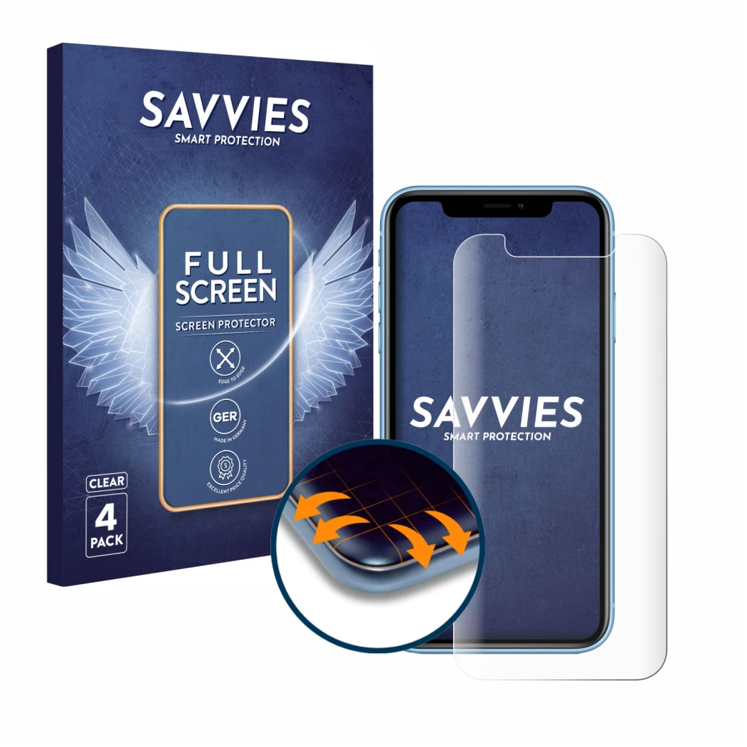 Front side of a product packaging with the brand logo Savvies. Next to it is the device Apple iPhone XR shown with the corresp