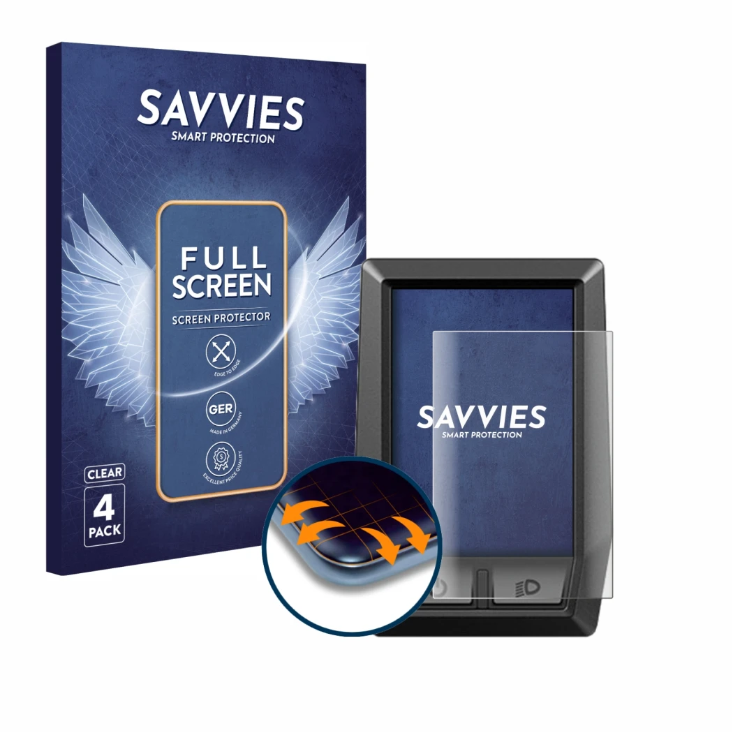 Front side of a product packaging with the brand logo Savvies. Next to it is the device Bosch Kiox shown with the correspondin