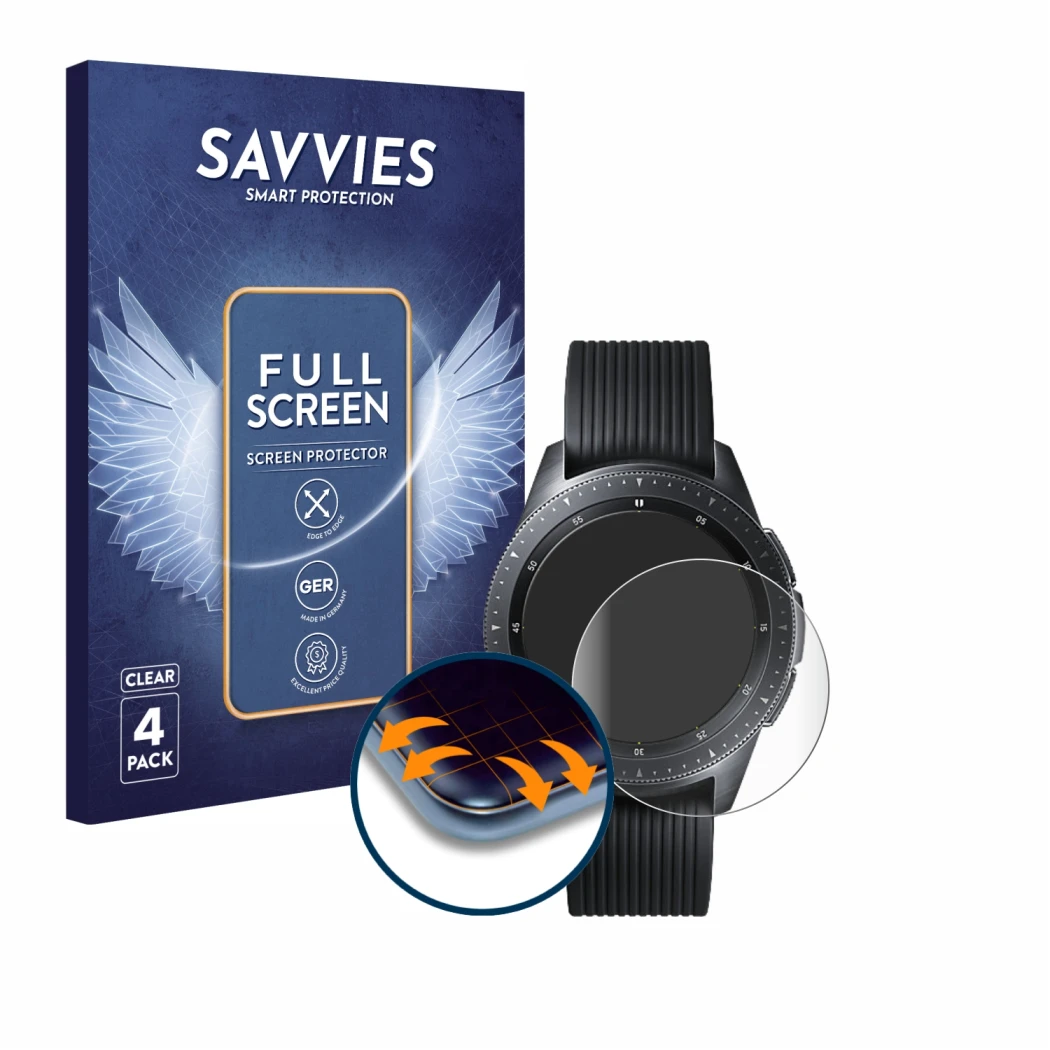 Front side of a product packaging with the brand logo Savvies. Next to it is the device Samsung Galaxy Watch (42 mm) shown wit