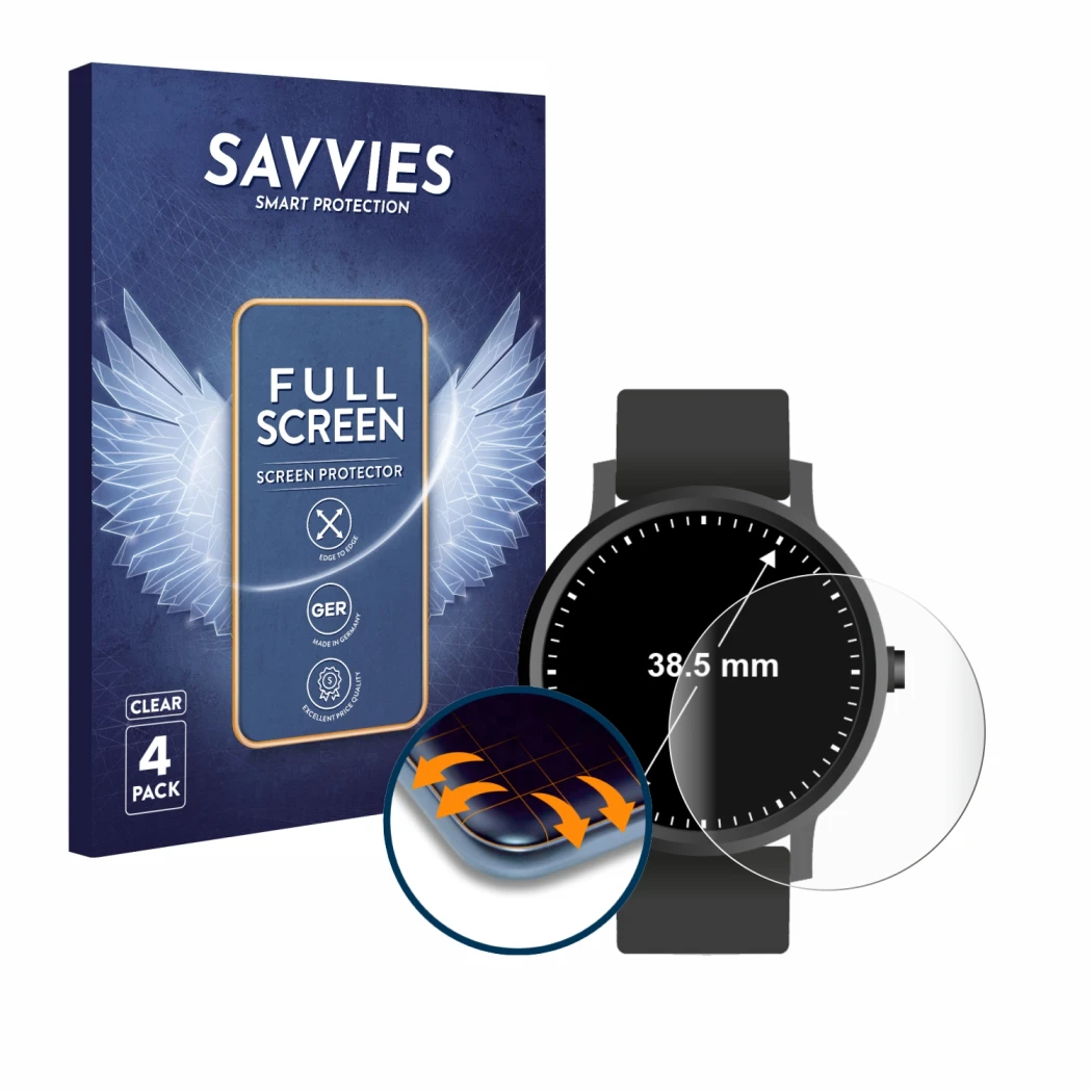 Front side of a product packaging with the brand logo Savvies. Next to it is the device Watches (Circular, ø: 38.5 mm) shown w