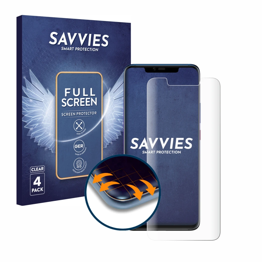 Front side of a product packaging with the brand logo Savvies. Next to it is the device Huawei Mate 20 Pro shown with the corr