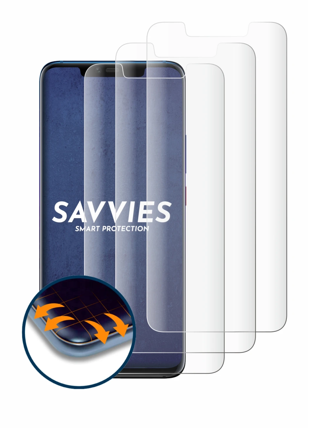 Image of the device Huawei Mate 20 Pro with a wide variety of screen protectors.