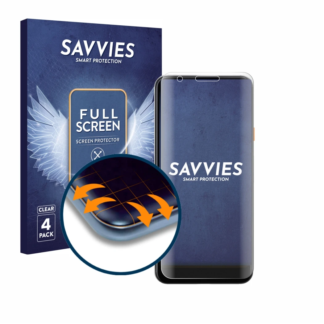 Front side of a product packaging with the brand logo Savvies. Next to it is the device Google Pixel 3a shown with the corresp