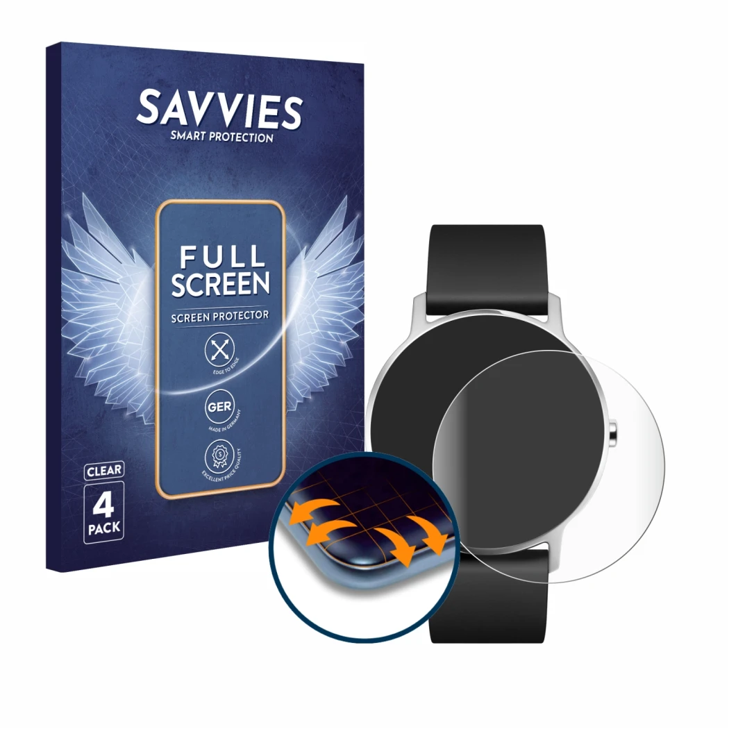 Front side of a product packaging with the brand logo Savvies. Next to it is the device Withings Steel HR (36 mm) shown with t