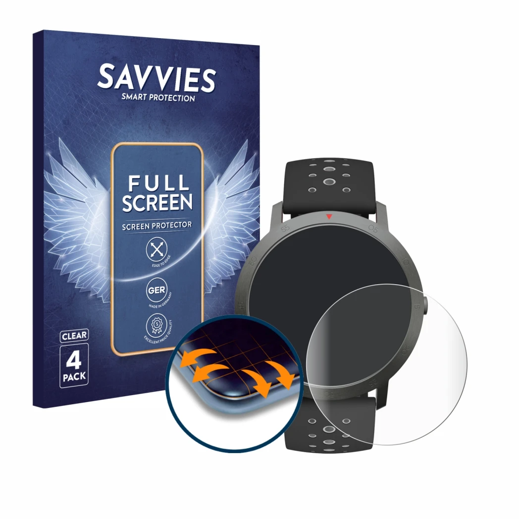 Front side of a product packaging with the brand logo Savvies. Next to it is the device Withings Steel HR Sport (40 mm) shown 