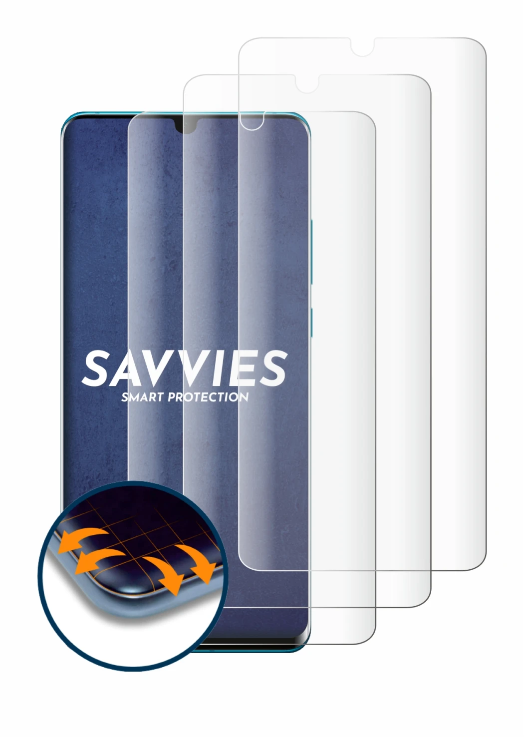 Image of the device Huawei P30 Pro with a wide variety of screen protectors.