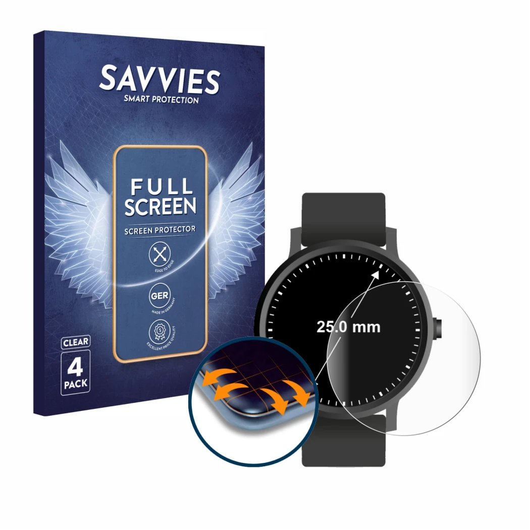 Front side of a product packaging with the brand logo Savvies. Next to it is the device Circular Displays (ø: 25 mm) shown wit