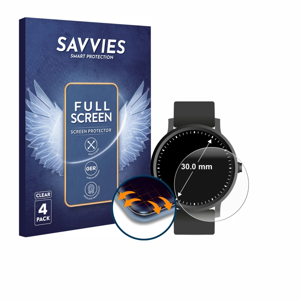 Front side of a product packaging with the brand logo Savvies. Next to it is the device Circular Displays (ø: 30 mm) shown wit
