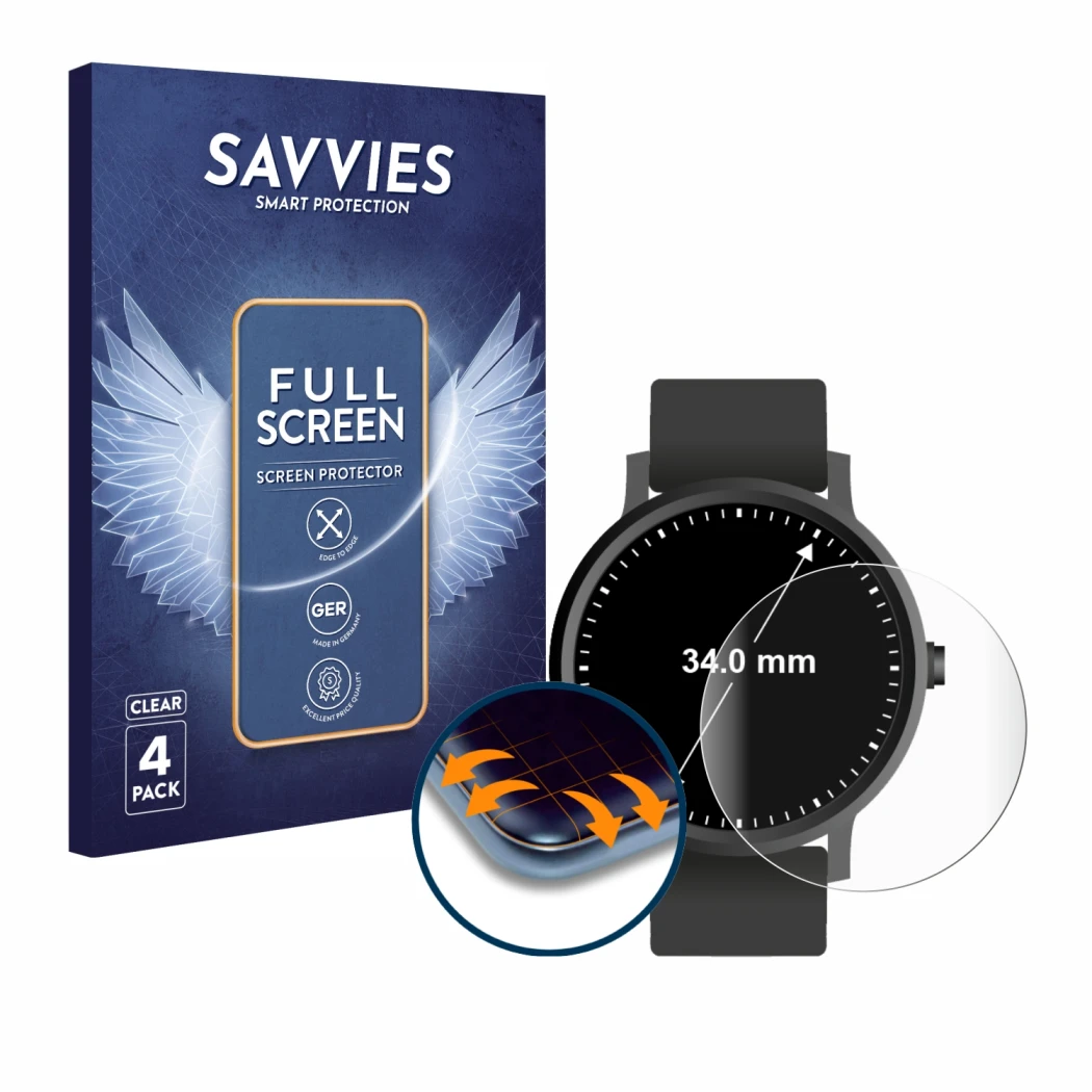 Front side of a product packaging with the brand logo Savvies. Next to it is the device Circular Displays (ø: 34 mm) shown wit