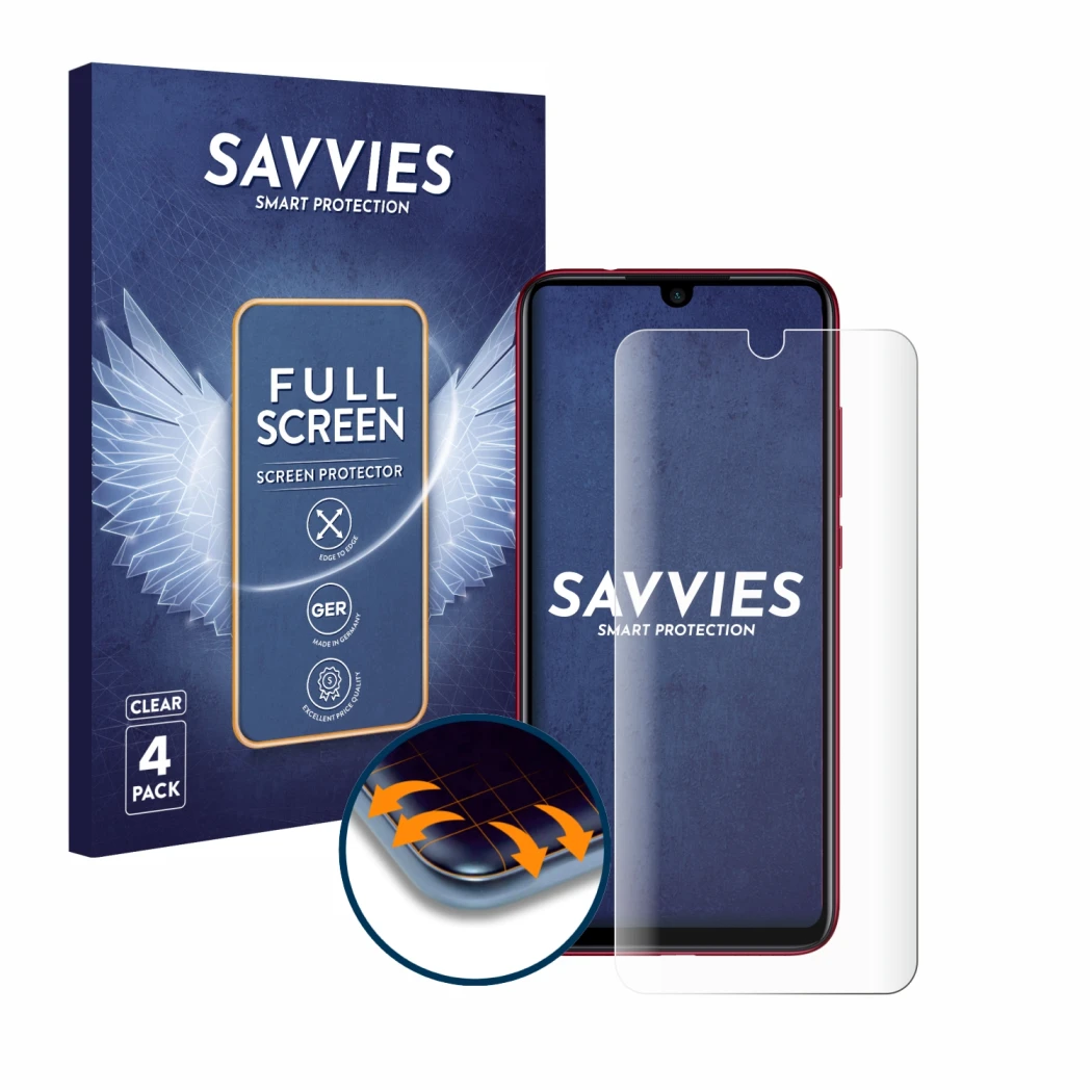 Front side of a product packaging with the brand logo Savvies. Next to it is the device Xiaomi Redmi Note 7 shown with the cor