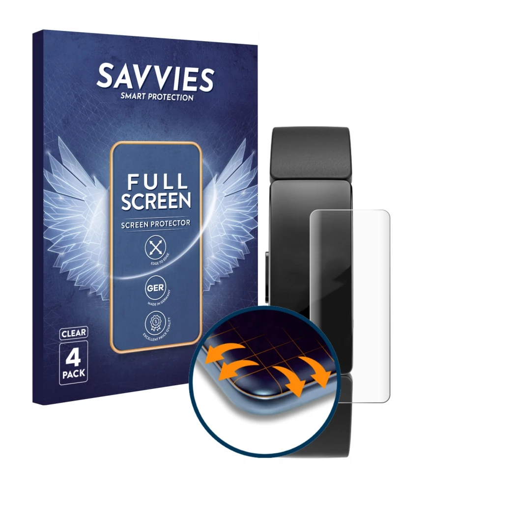 Front side of a product packaging with the brand logo Savvies. Next to it is the device Fitbit Inspire HR shown with the corre