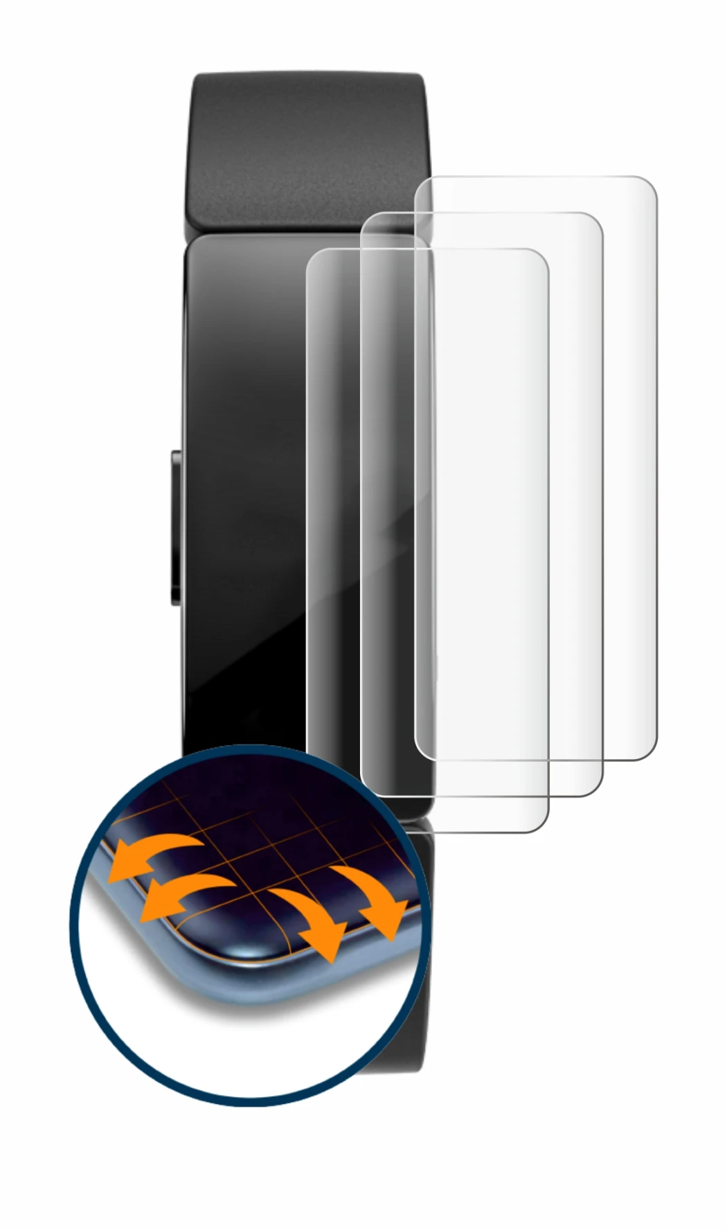 Image of the device Fitbit Inspire HR with a wide variety of screen protectors.