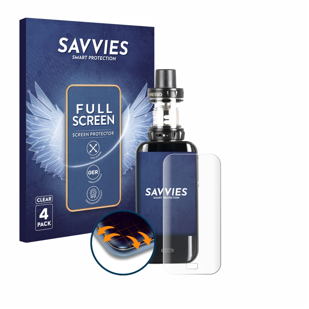 Front side of a product packaging with the brand logo Savvies. Next to it is the device Vaporesso Luxe shown with the correspo