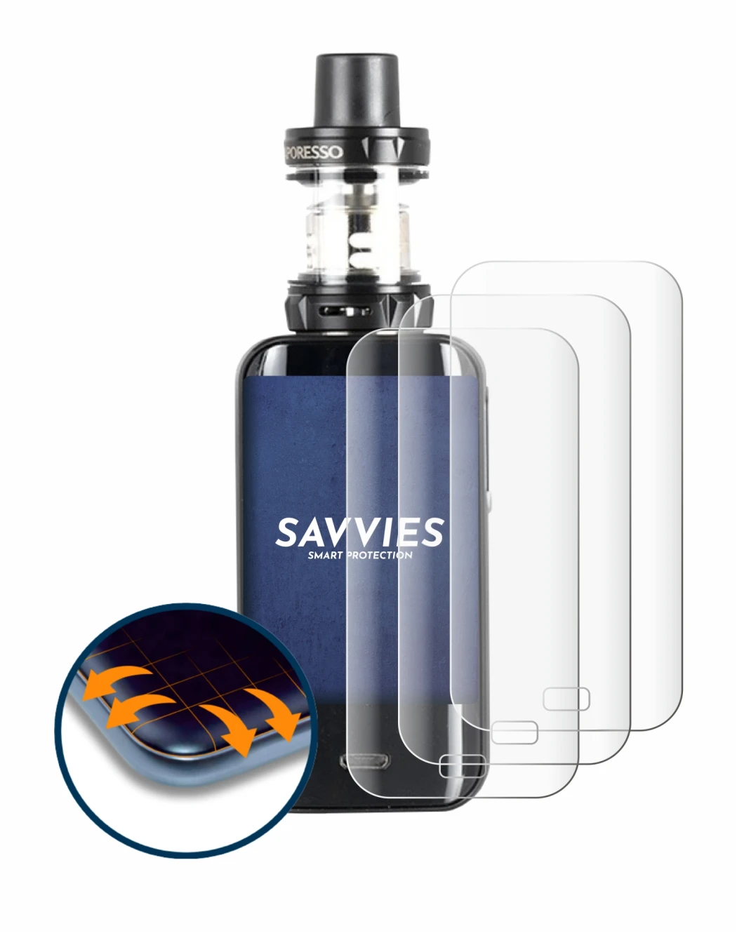 Image of the device Vaporesso Luxe with a wide variety of screen protectors.