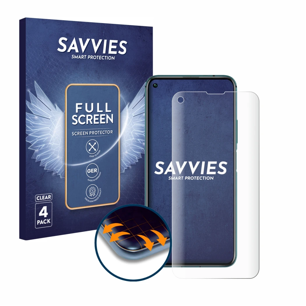 Front side of a product packaging with the brand logo Savvies. Next to it is the device Honor 20 Pro shown with the correspond