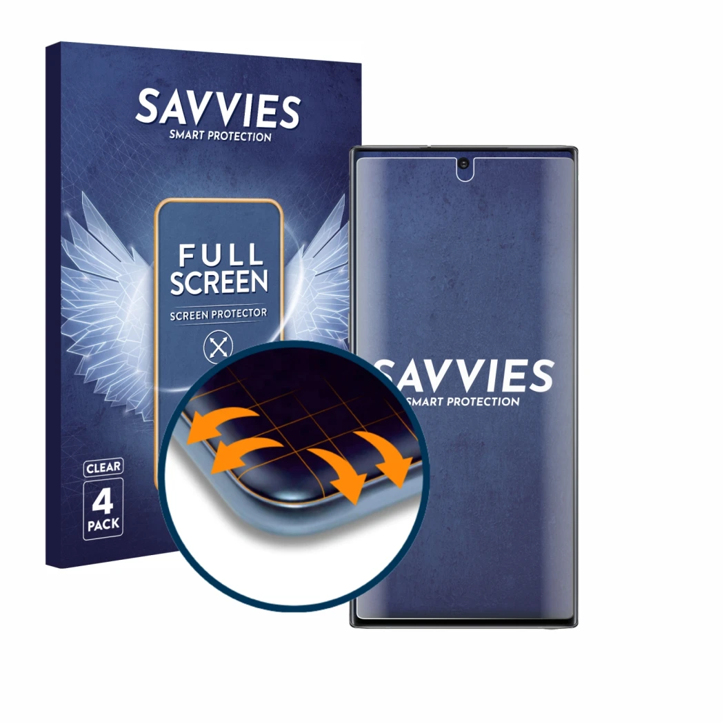 Front side of a product packaging with the brand logo Savvies. Next to it is the device Samsung Galaxy Note 10 shown with the 