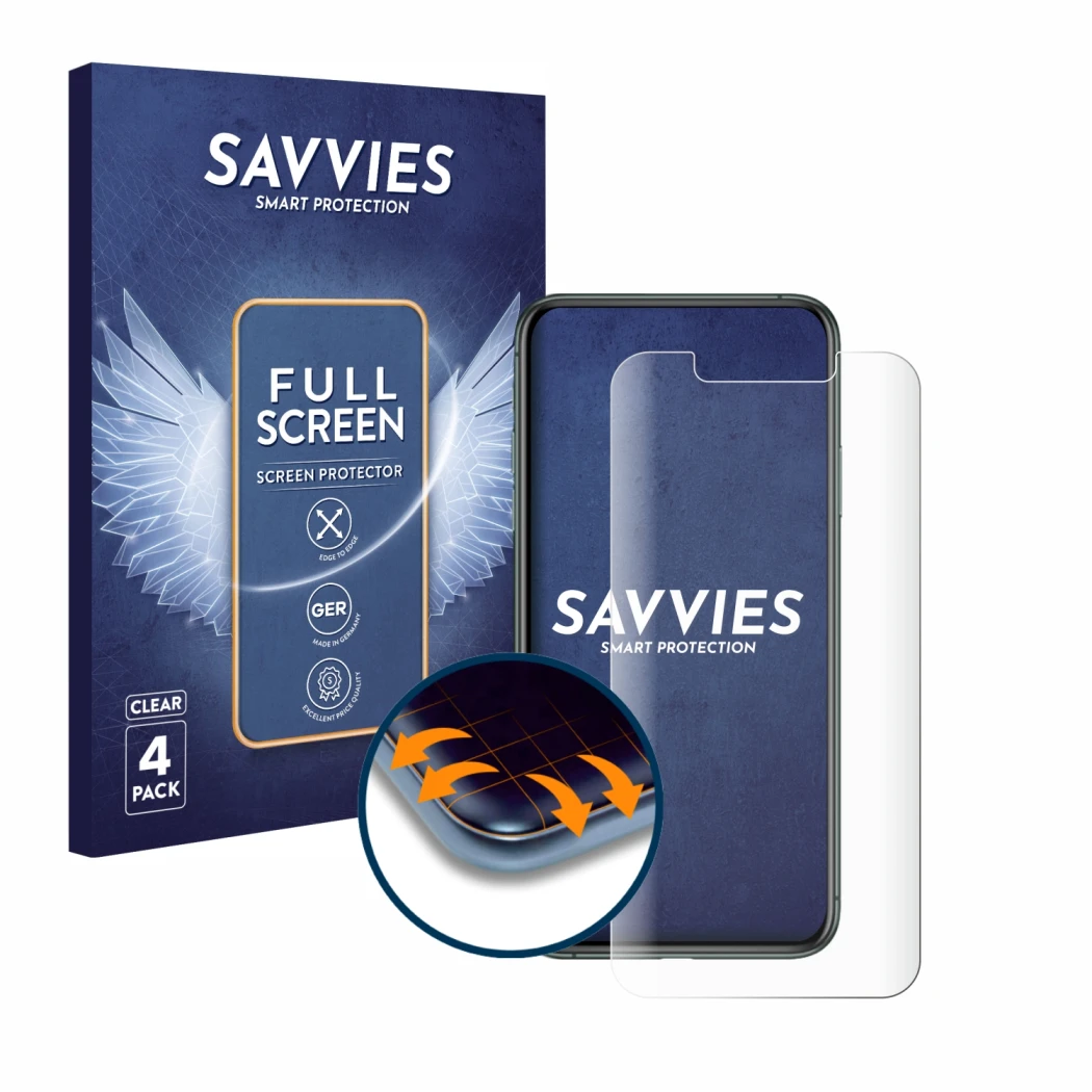 Front side of a product packaging with the brand logo Savvies. Next to it is the device Apple iPhone 11 Pro Max shown with the