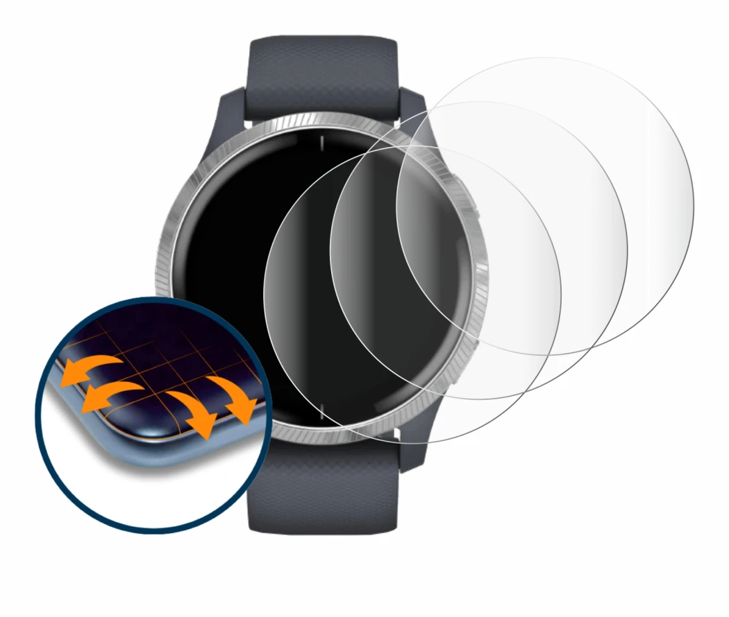 Image of the device Garmin Venu (43 mm) with a wide variety of screen protectors.