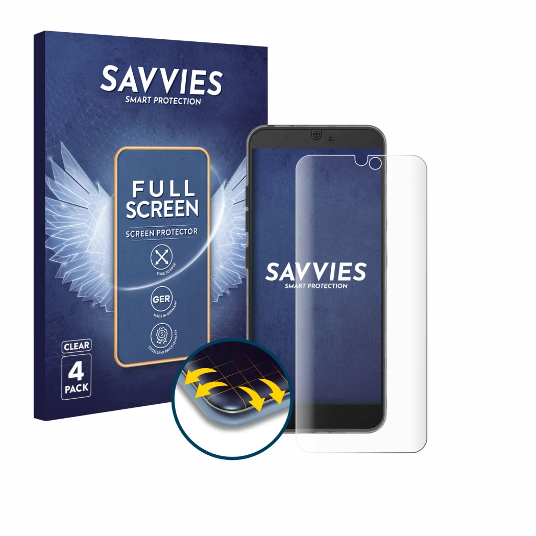 Front side of a product packaging with the brand logo Savvies. Next to it is the device Fairphone 3 shown with the correspondi