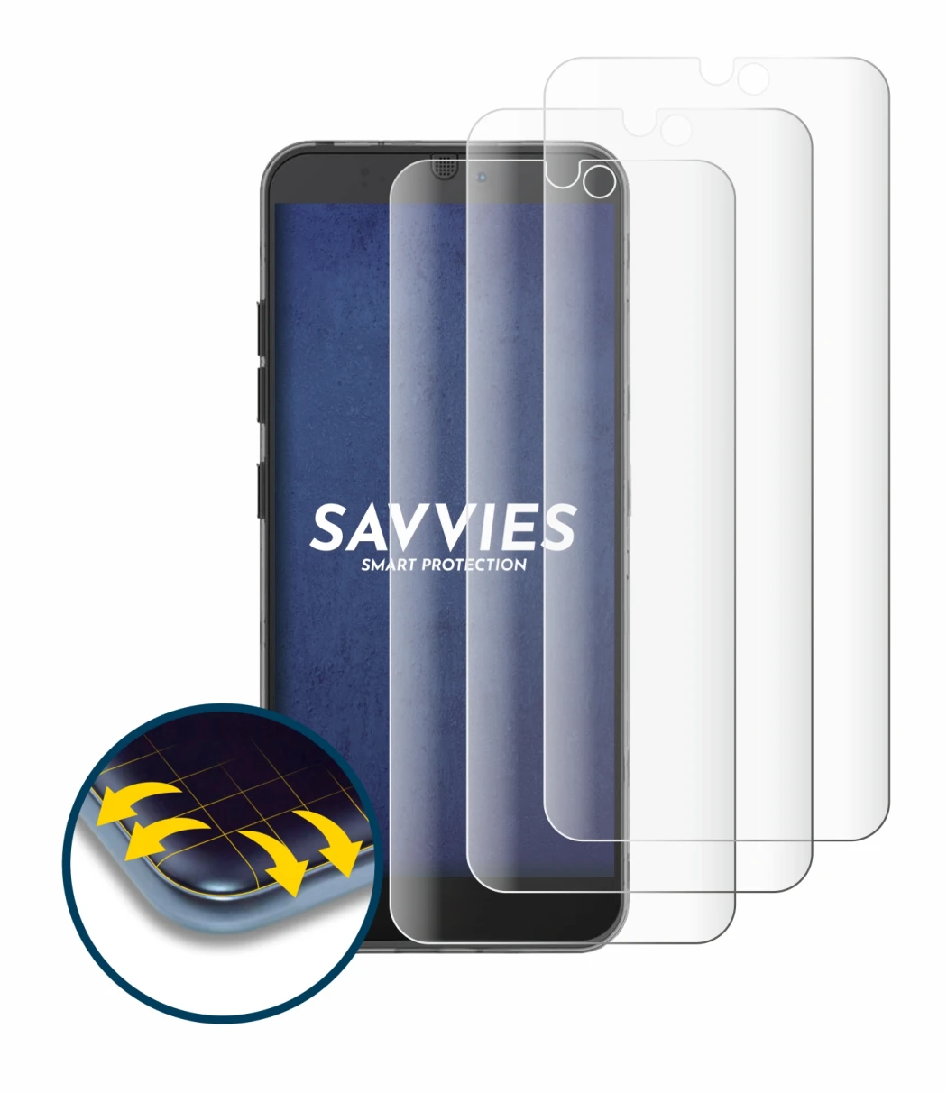 Image of the device Fairphone 3 with a wide variety of screen protectors.