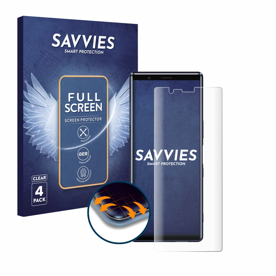 Front side of a product packaging with the brand logo Savvies. Next to it is the device Sony Xperia 5 shown with the correspon