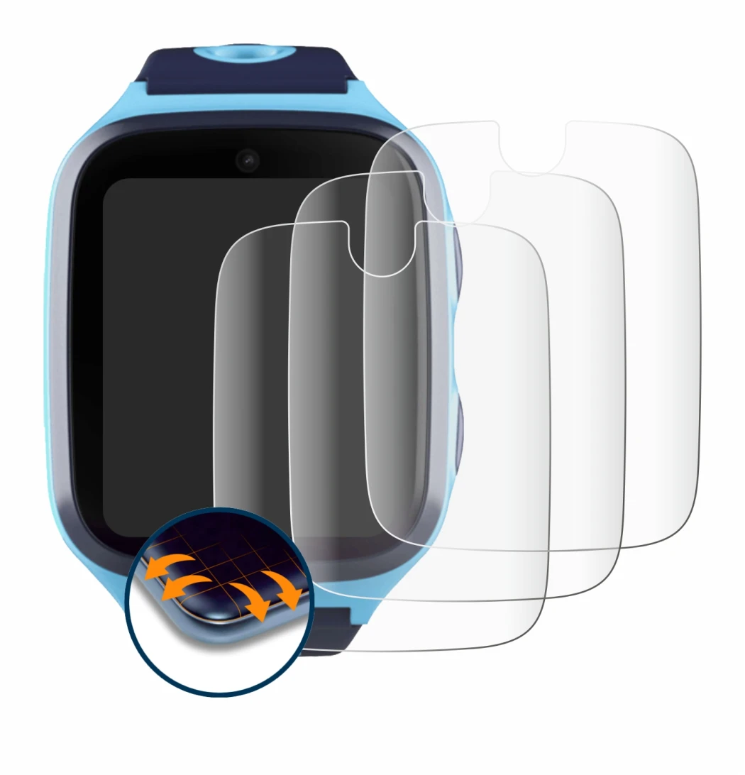 Image of the device Xplora X4 with a wide variety of screen protectors.