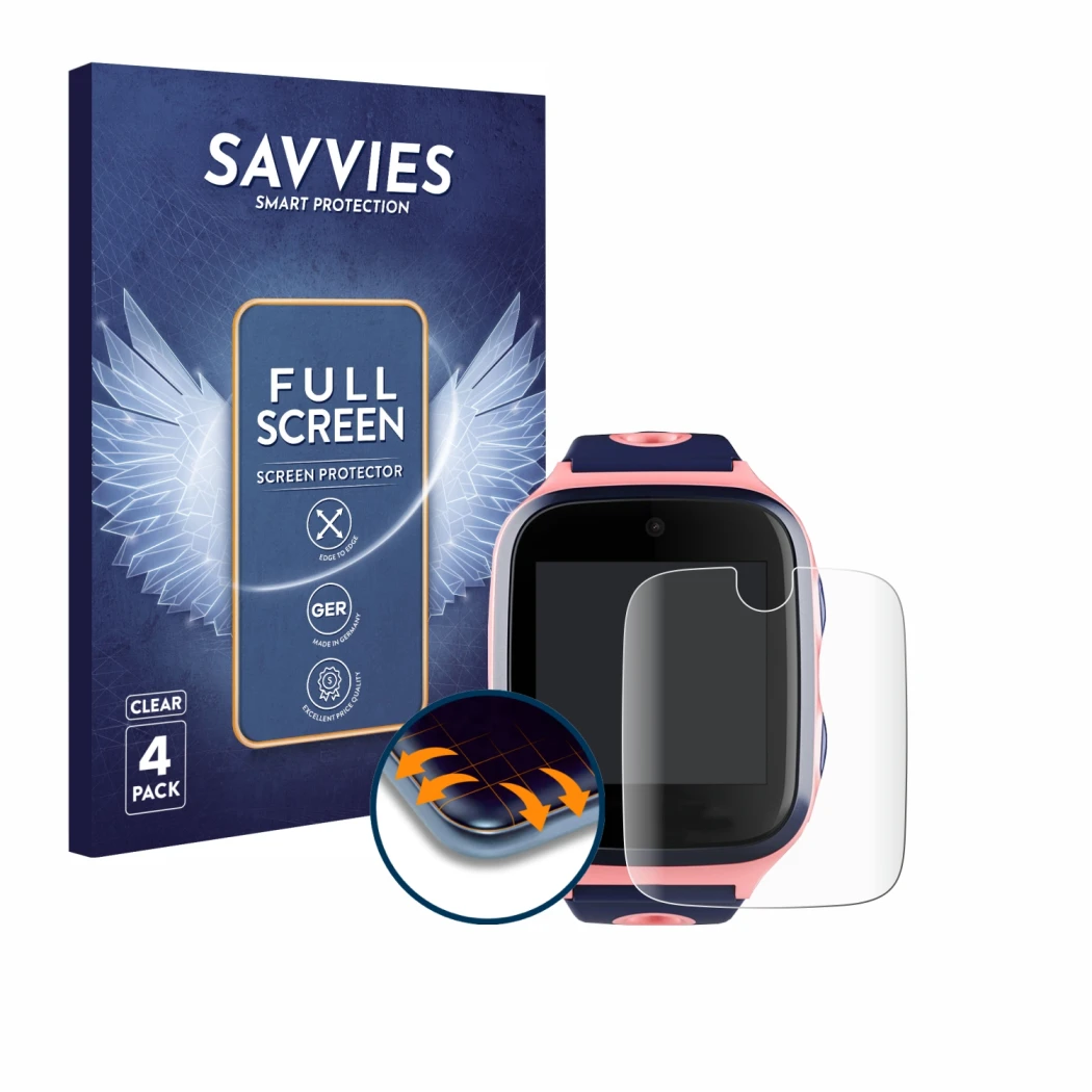 Front side of a product packaging with the brand logo Savvies. Next to it is the device Xplora 4 shown with the corresponding 