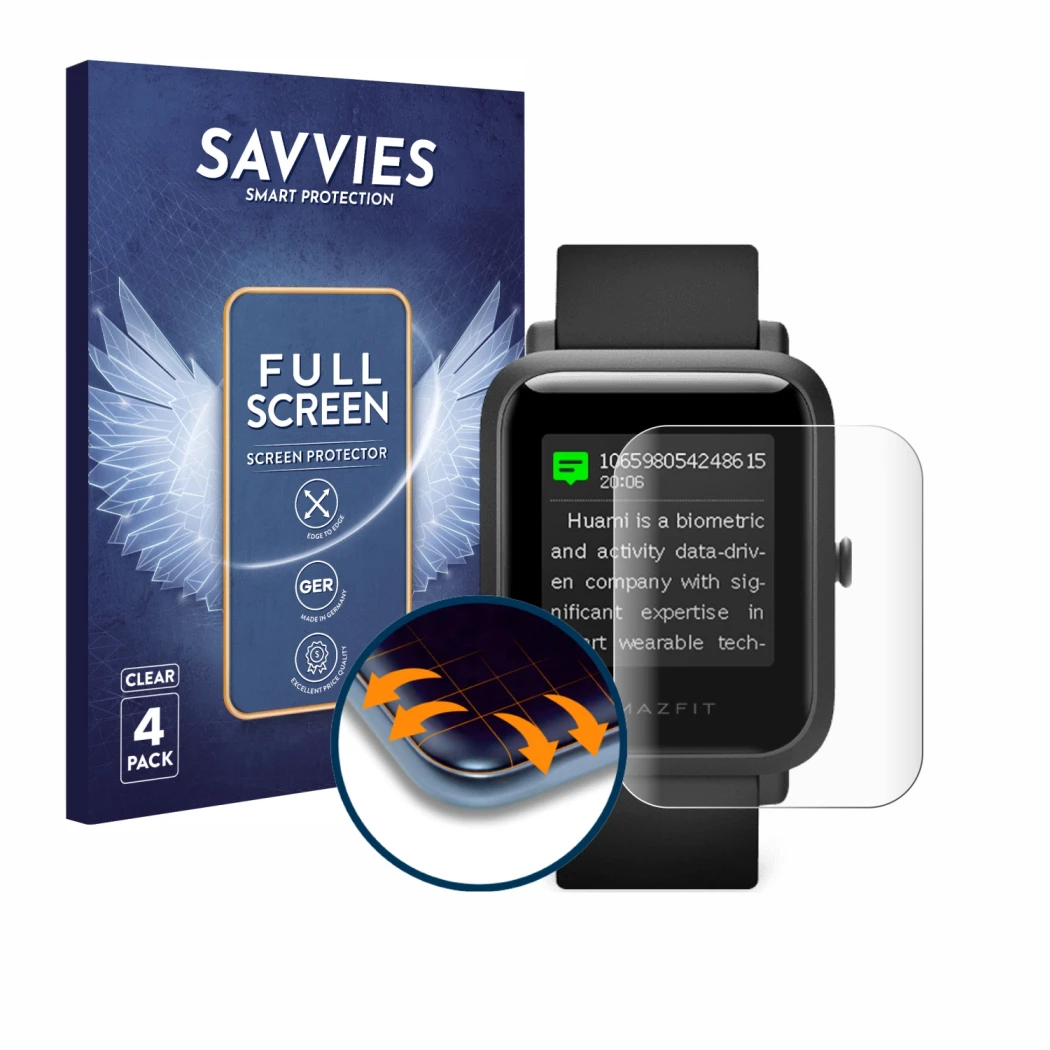 Front side of a product packaging with the brand logo Savvies. Next to it is the device Huami Amazfit Bip S shown with the cor