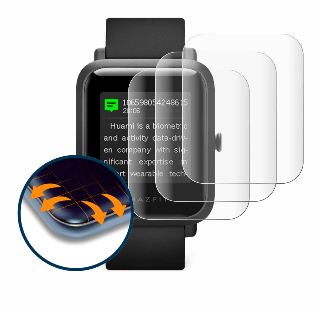 Image of the device Huami Amazfit Bip S with a wide variety of screen protectors.