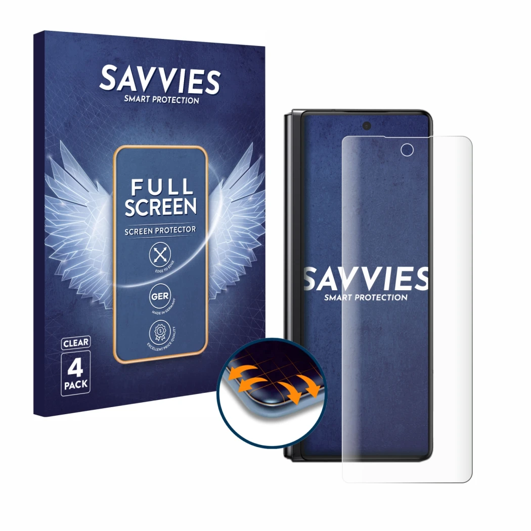 Front side of a product packaging with the brand logo Savvies. Next to it is the device Samsung Galaxy Z Fold 2 5G shown with 