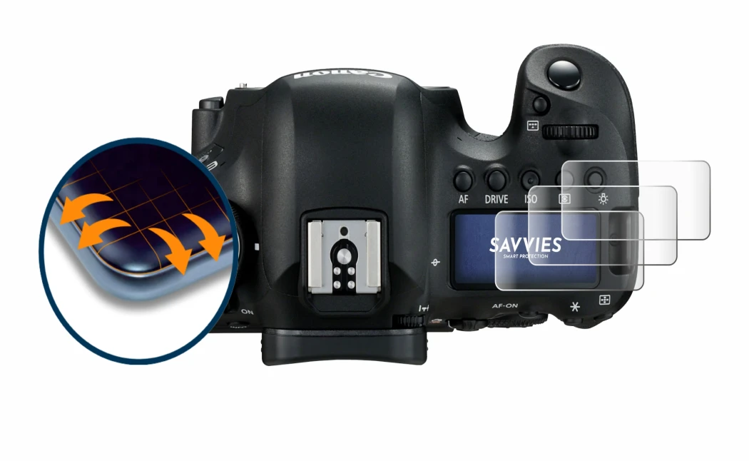 Image of the device Canon EOS 6D Mark II (top plate display) with a wide variety of screen protectors.