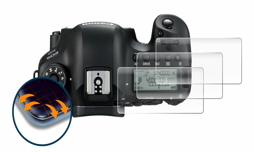 Image of the device Canon EOS 6D (top plate display) with a wide variety of screen protectors.