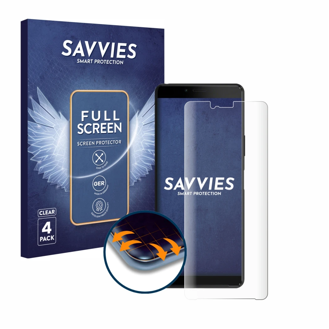 Front side of a product packaging with the brand logo Savvies. Next to it is the device Sony Xperia 10 II shown with the corre