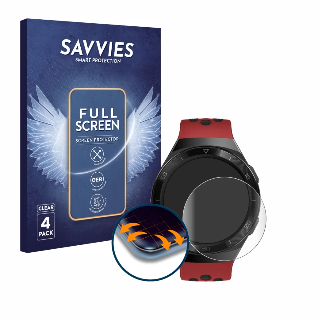 Front side of a product packaging with the brand logo Savvies. Next to it is the device Huawei Watch GT 2e shown with the corr