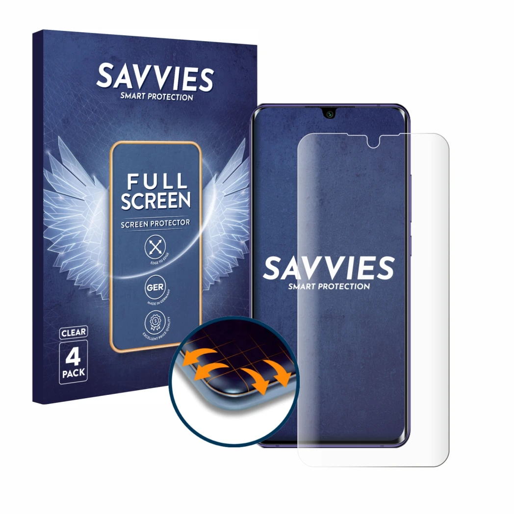 Front side of a product packaging with the brand logo Savvies. Next to it is the device Xiaomi Mi Note 10 Lite shown with the