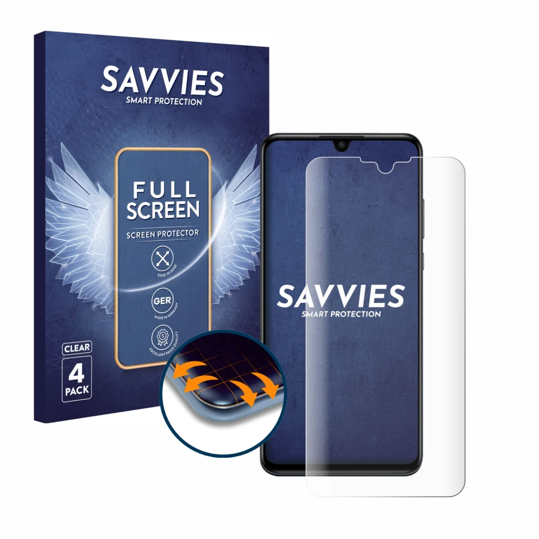 Front side of a product packaging with the brand logo Savvies. Next to it is the device Huawei P30 lite New Edition shown with