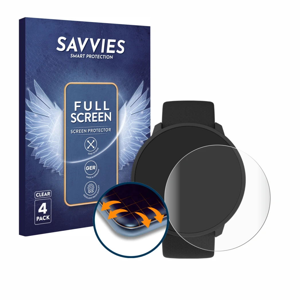 Front side of a product packaging with the brand logo Savvies. Next to it is the device Polar Unite shown with the correspondi