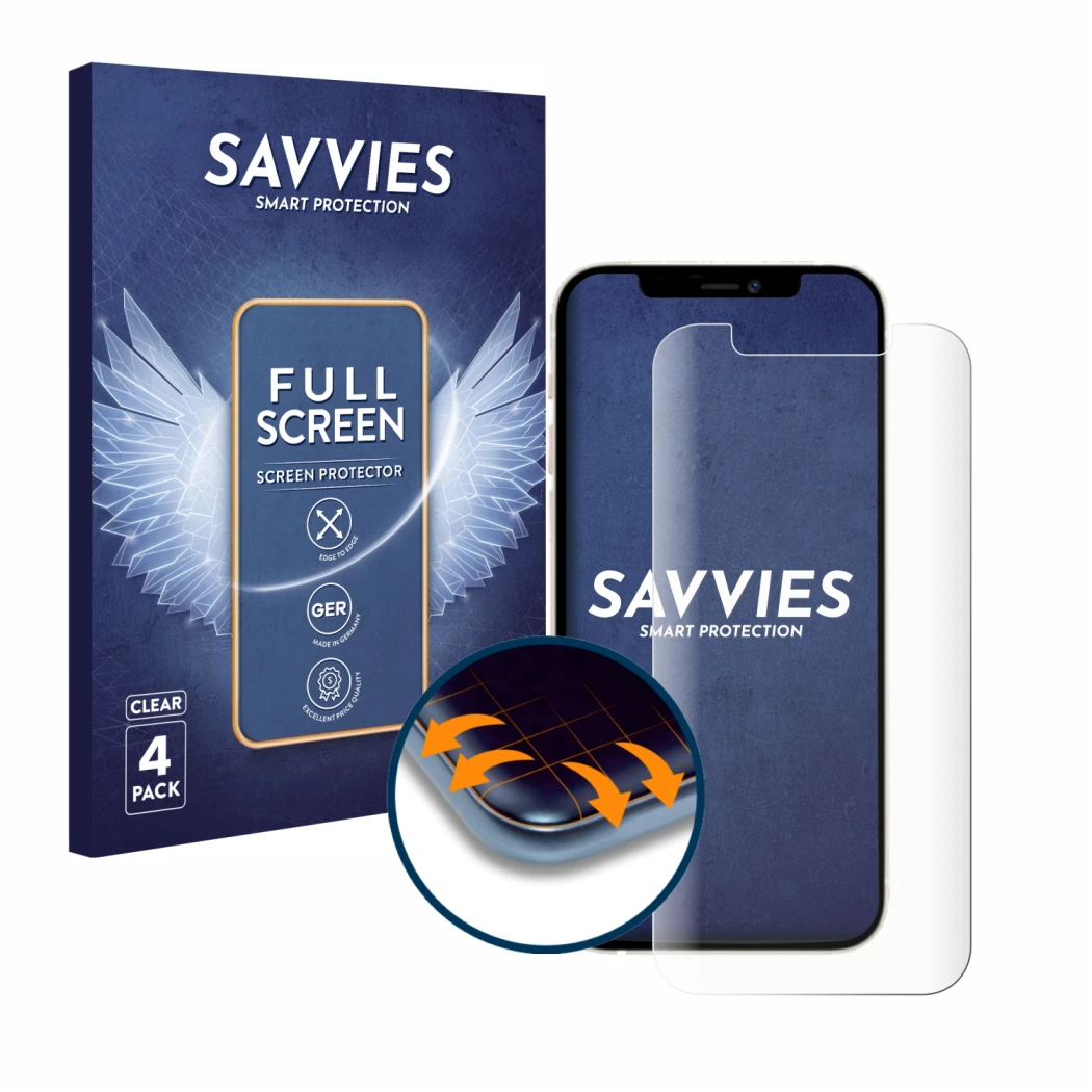 Front side of a product packaging with the brand logo Savvies. Next to it is the device Apple iPhone 12 Pro shown with the cor