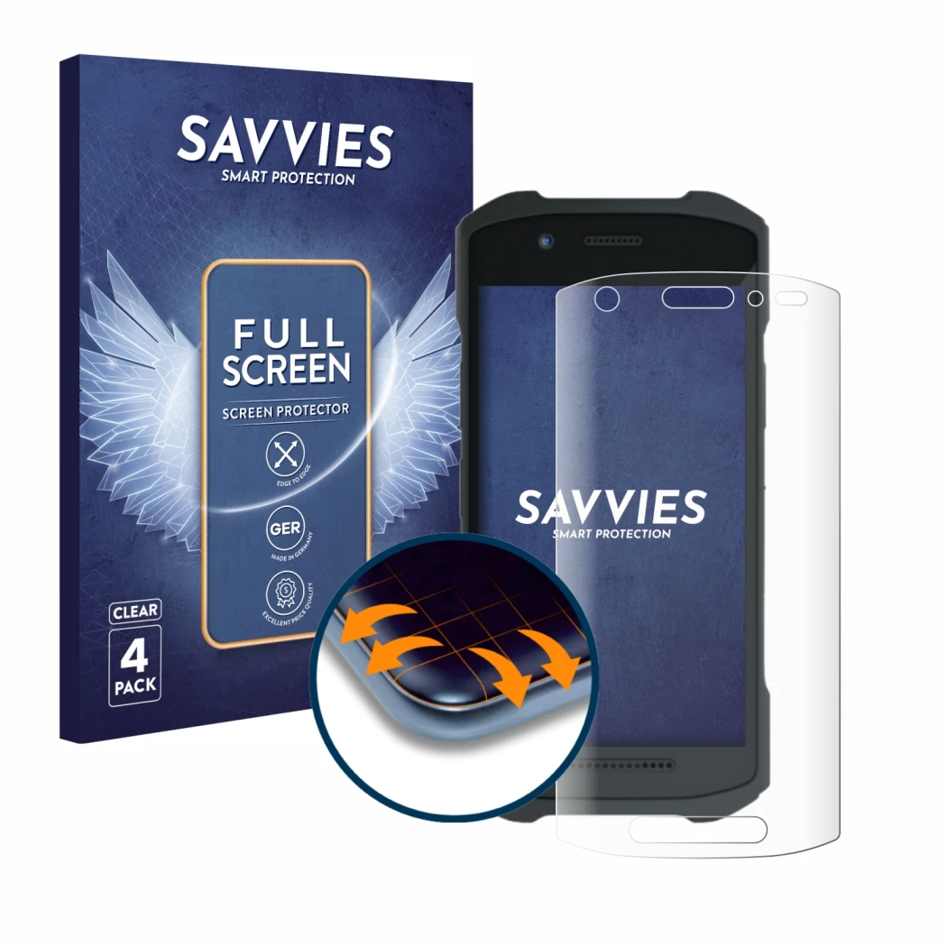 Front side of a product packaging with the brand logo Savvies. Next to it is the device Zebra TC21 shown with the correspondin