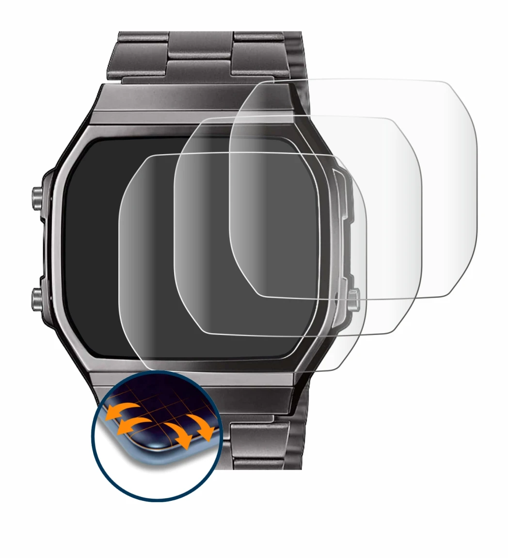Image of the device Casio A168WEGG-1BEF with a wide variety of screen protectors.
