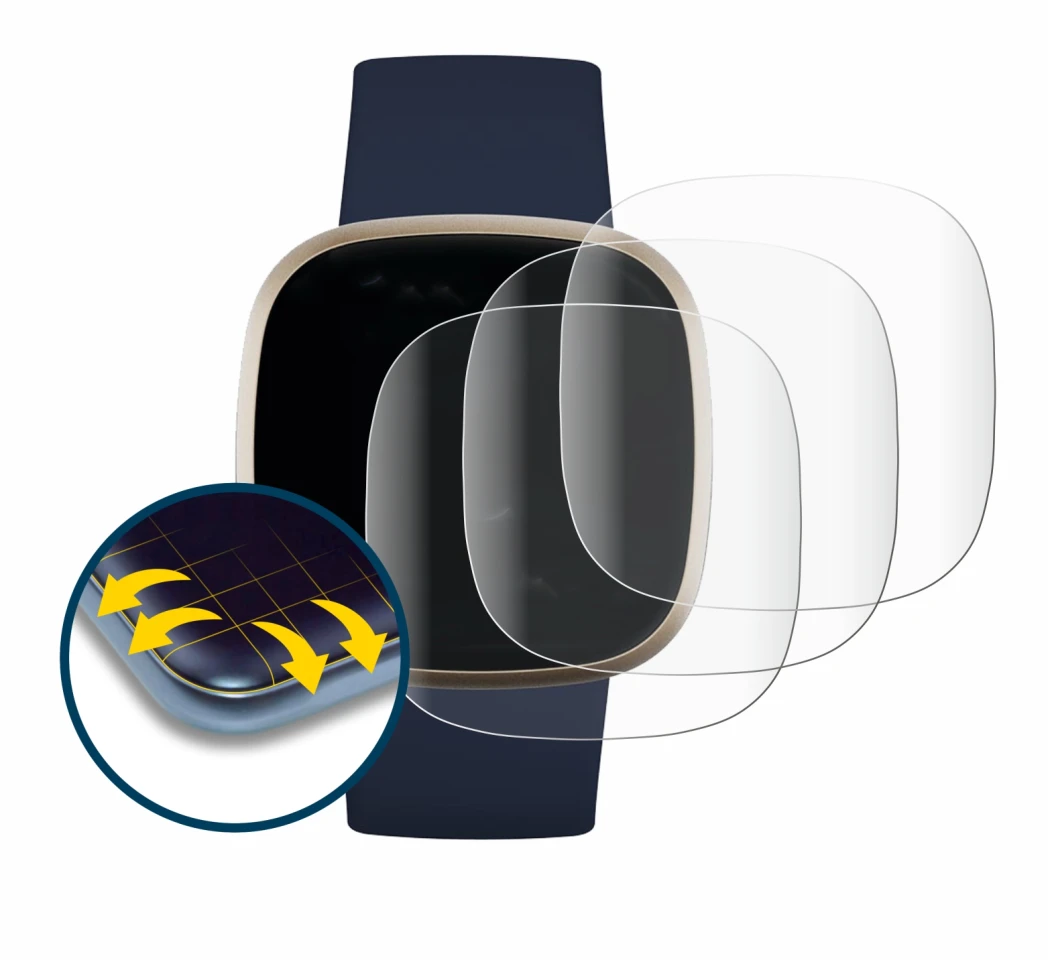 Image of the device Fitbit Versa 3 with a wide variety of screen protectors.