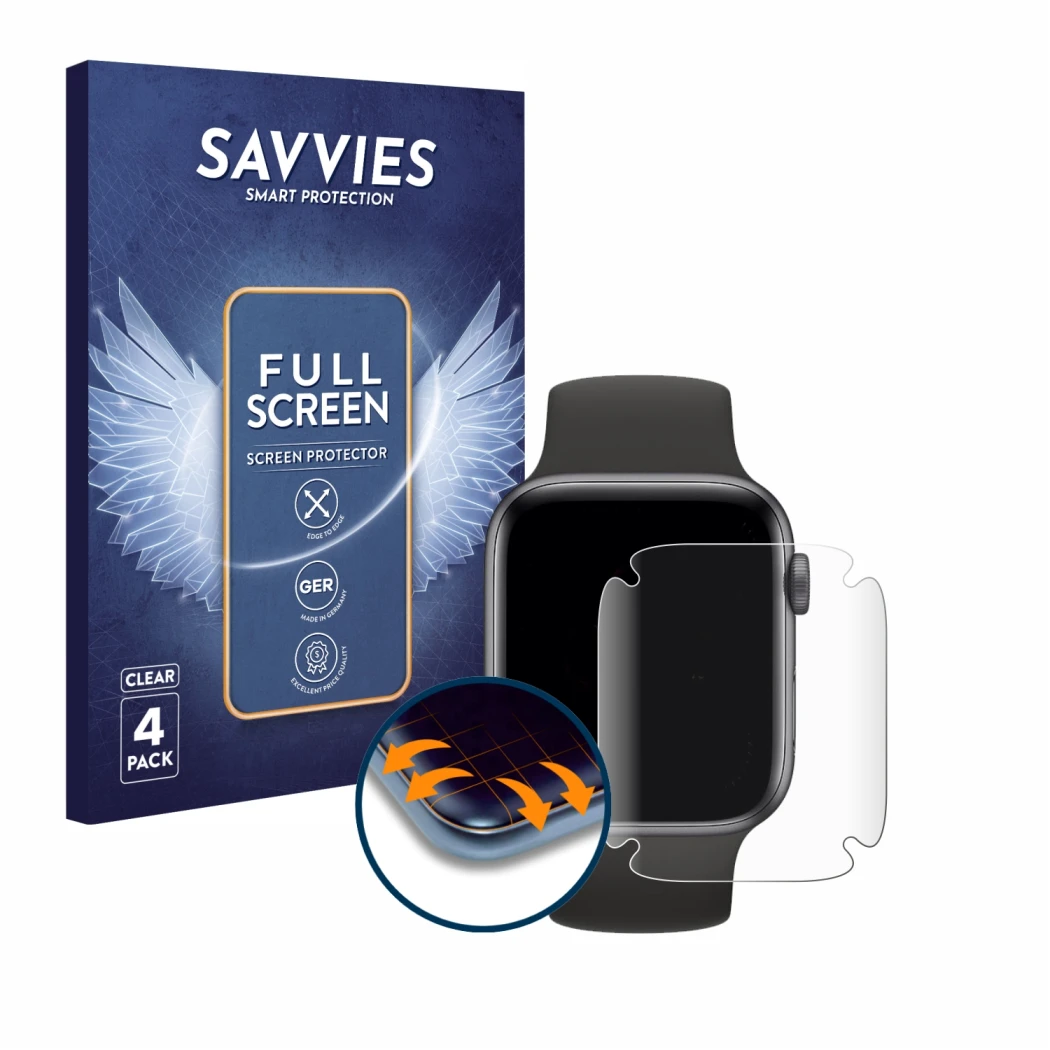 Front side of a product packaging with the brand logo Savvies. Next to it is the device Apple Watch SE (40 mm) shown with the 