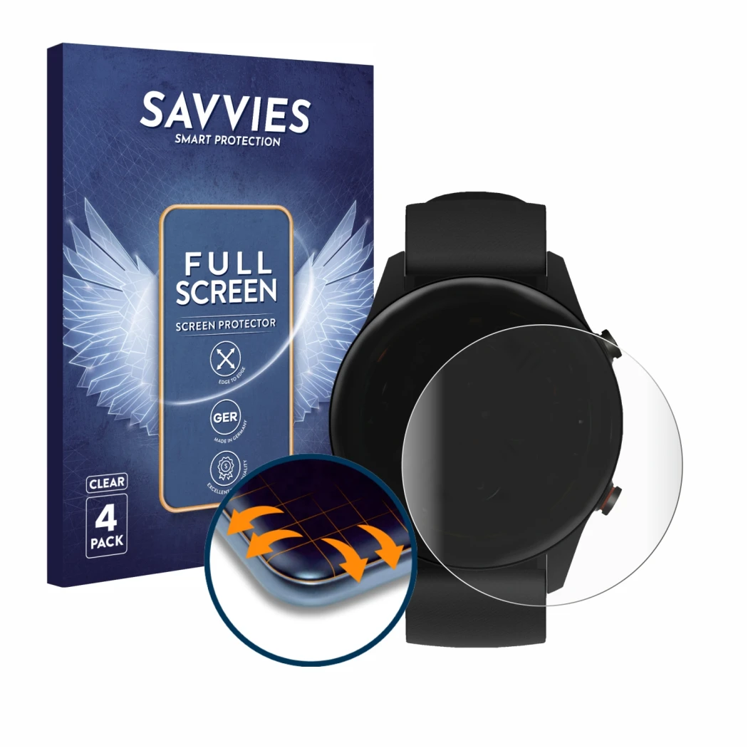 Front side of a product packaging with the brand logo Savvies. Next to it is the device Xiaomi Mi Watch 2021 shown with the co