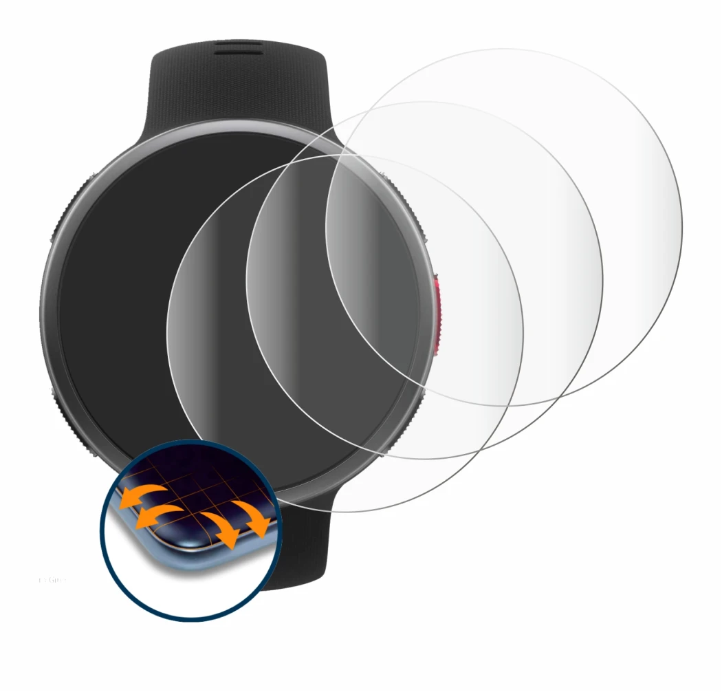 Image of the device Polar Vantage V2 with a wide variety of screen protectors.