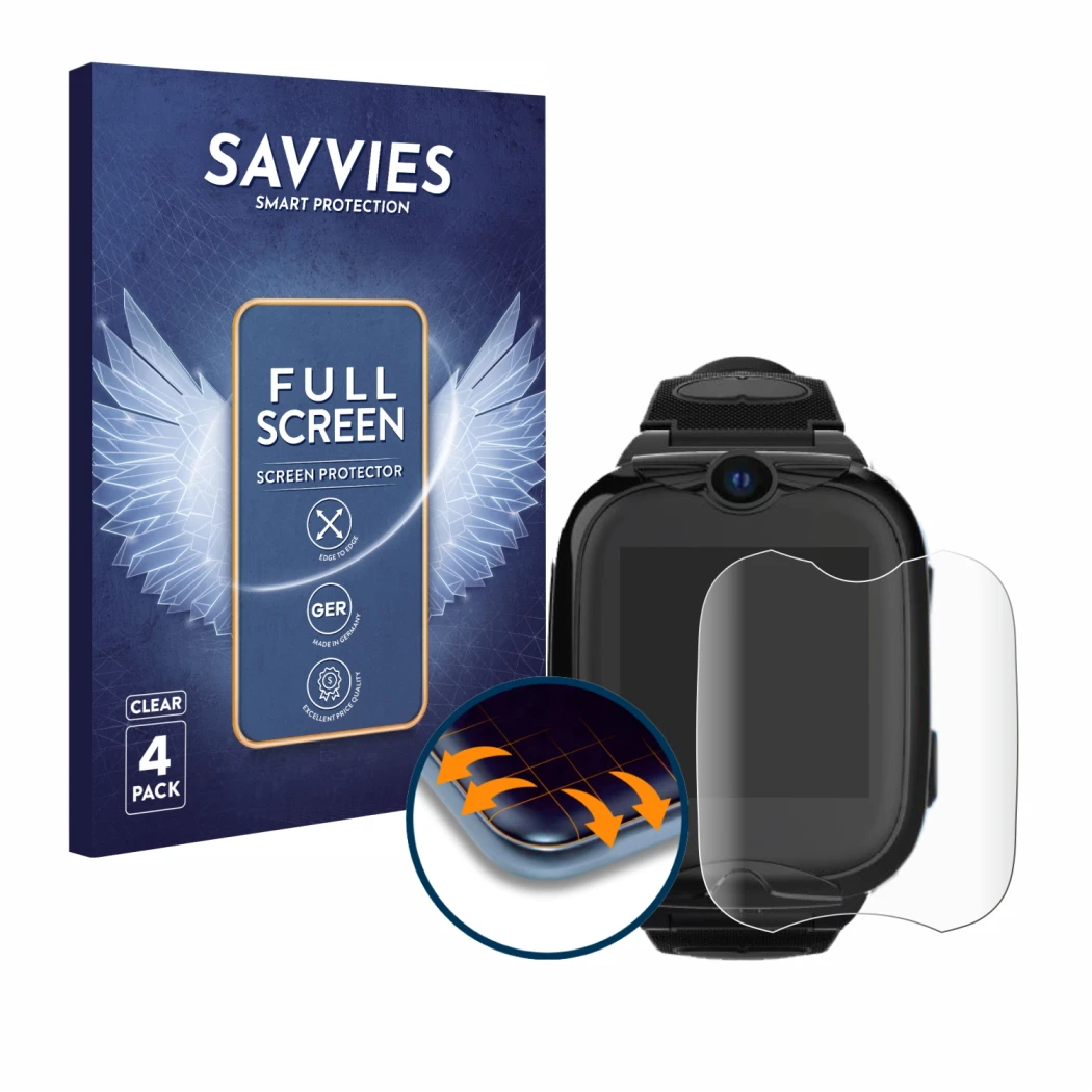 Front side of a product packaging with the brand logo Savvies. Next to it is the device Xplora Go 2 shown with the correspondi