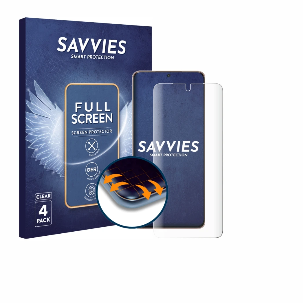 Front side of a product packaging with the brand logo Savvies. Next to it is the device Samsung Galaxy S21 Ultra 5G shown with