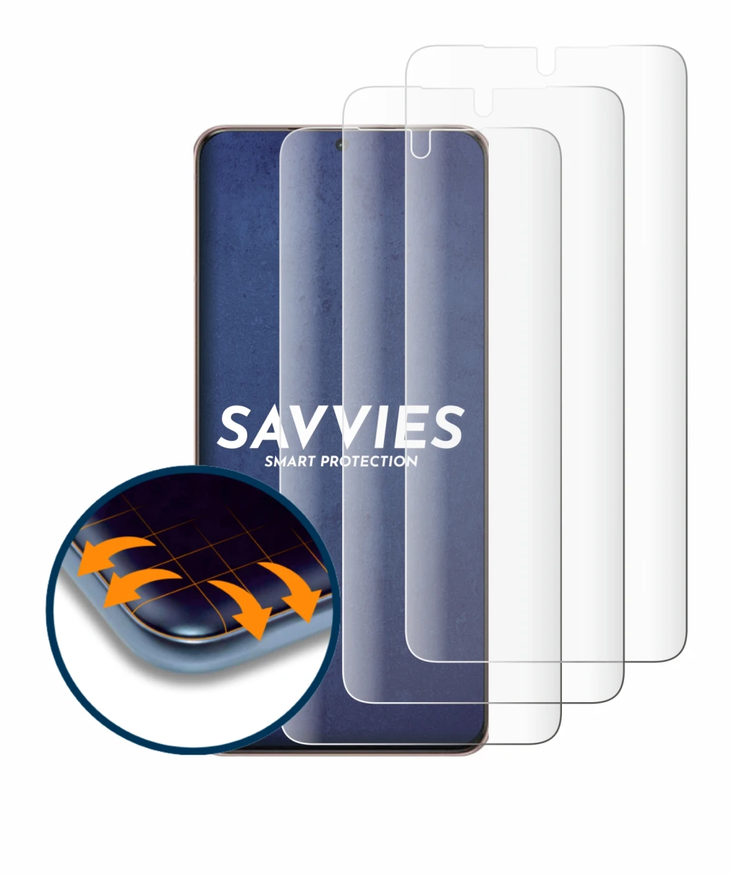 Image of the device Samsung Galaxy S21 Ultra 5G with a wide variety of screen protectors.