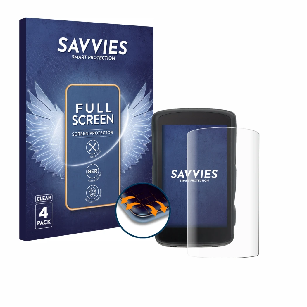 Front side of a product packaging with the brand logo Savvies. Next to it is the device Hammerhead Karoo 2 shown with the corr