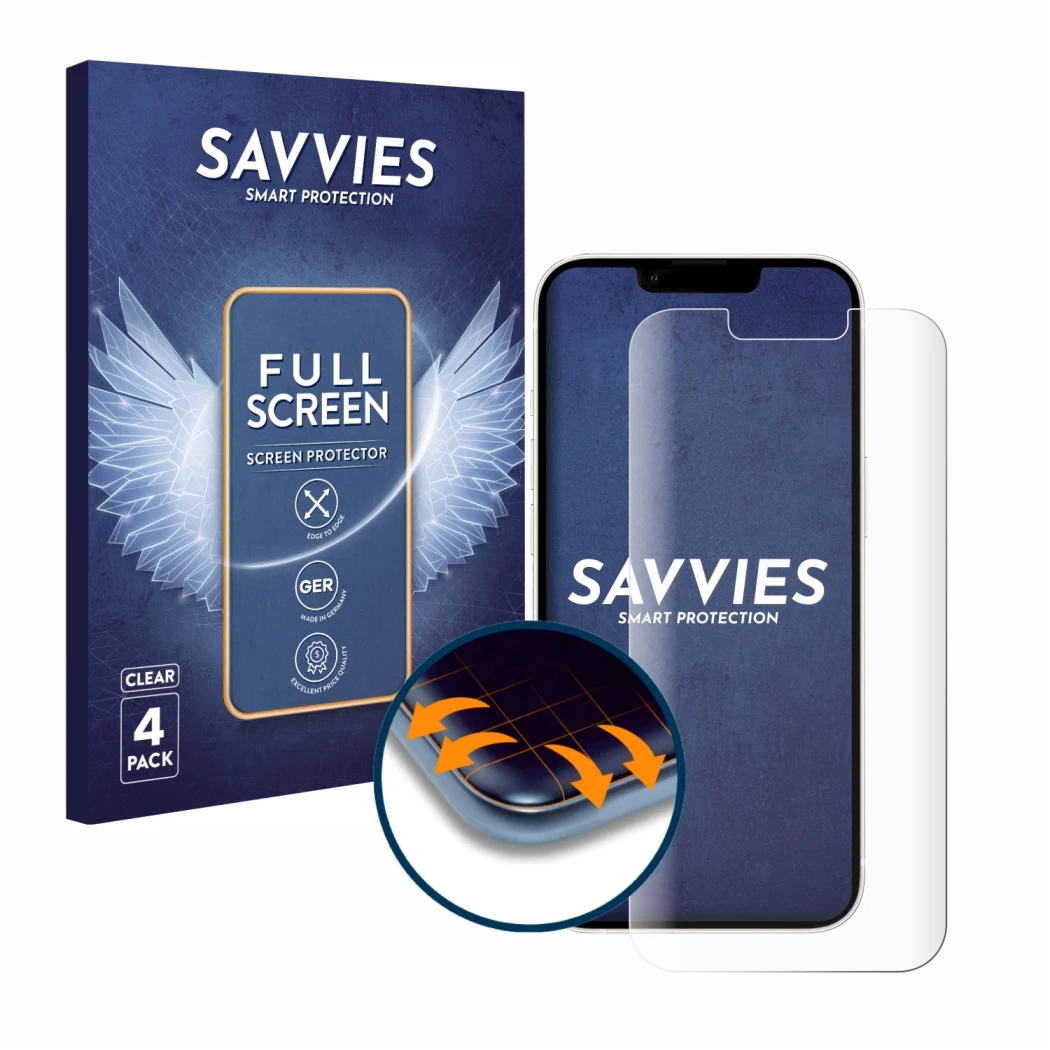Front side of a product packaging with the brand logo Savvies. Next to it is the device Apple iPhone 13 shown with the corresp